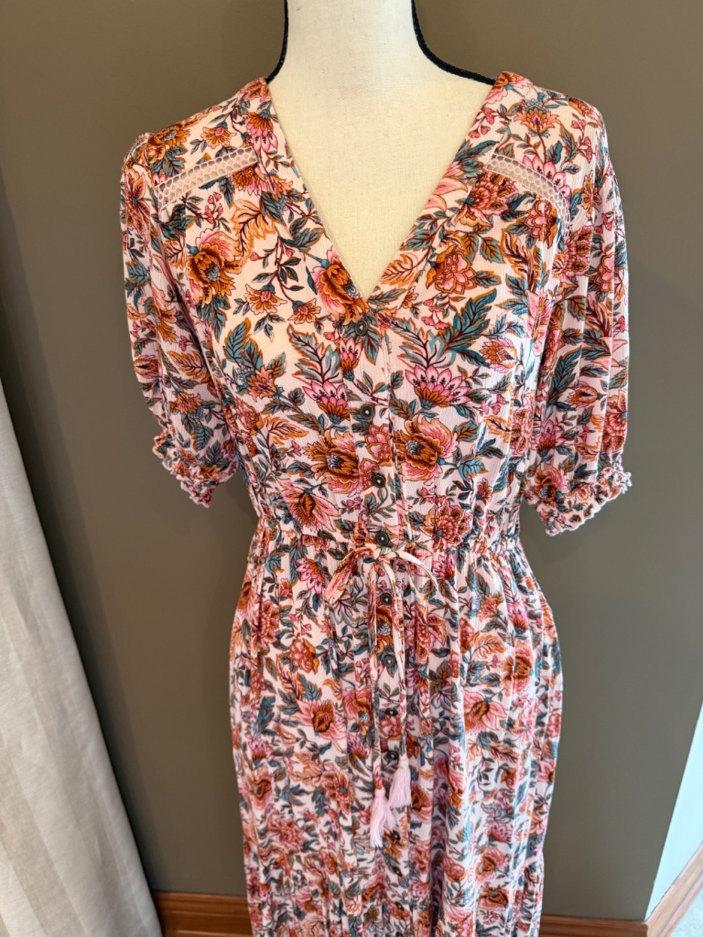 Indigo Rose Pink Floral Maxi Dress Button Down Tiered, V-neck, Size Medium - Picture 2 of 14
